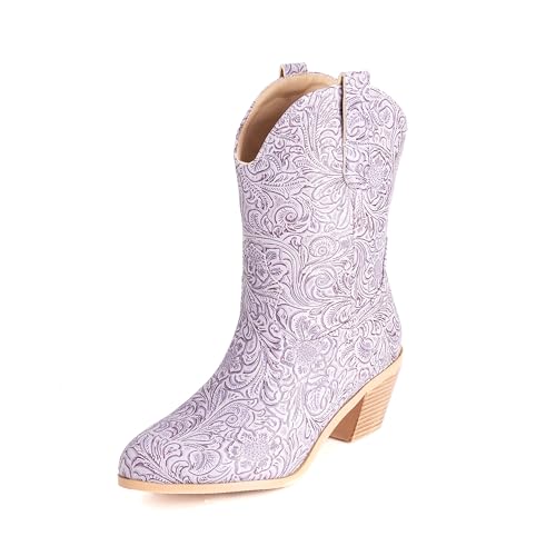 Lroey Reoly Damen Block Mitte Absatz Hohe Stiefel Runde Zehen Cowboy Dx970 Violett Gr 47 EU von Lroey Reoly