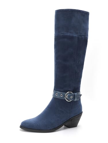 Lroey Reoly Damen Block Mitte Absatz Hohe Stiefel Runde Zehen Slouch Dx974 Blau Gr 39 EU von Lroey Reoly