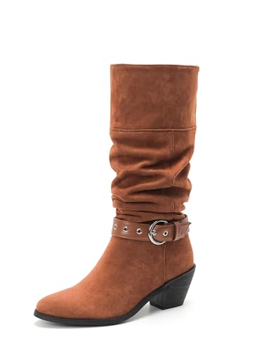Lroey Reoly Damen Block Mitte Absatz Hohe Stiefel Runde Zehen Slouch Dx974 Khaki Gr 33 EU von Lroey Reoly