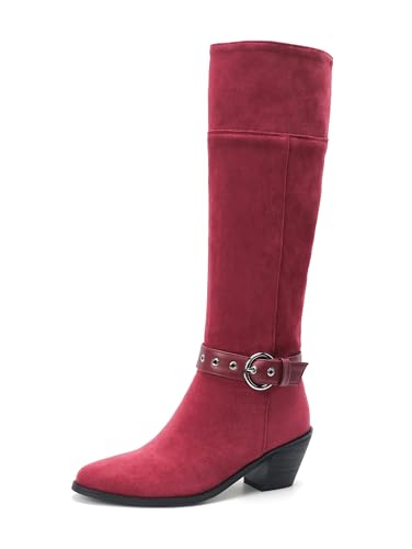 Lroey Reoly Damen Block Mitte Absatz Hohe Stiefel Runde Zehen Slouch Dx974 Rose-Rot Gr 43 EU von Lroey Reoly
