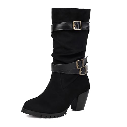 Lroey Reoly Damen Block Mitte Absatz Hohe Stiefel mit Plateau Runde Zehen Slouch Dx973 Schwarz-Rm Gr 38 EU von Lroey Reoly