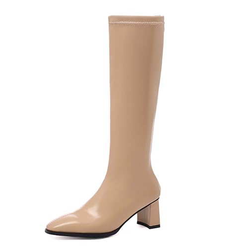 Lroey Reoly Damen Block Mitte Absatz Kniehohe Stiefel Square Toe Daily Cx867 Aprikose Gr 48 EU von Lroey Reoly