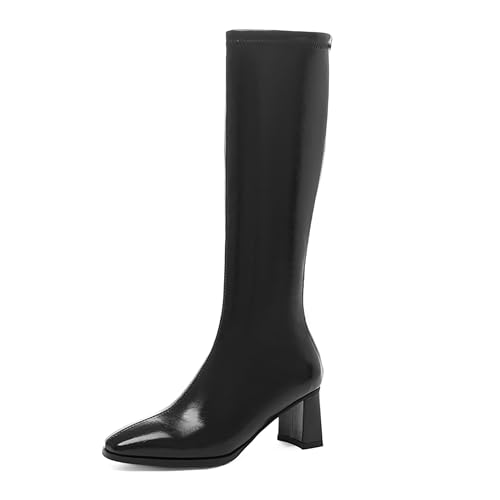 Lroey Reoly Damen Block Mitte Absatz Kniehohe Stiefel Square Toe Daily Cx867 Schwarz Gr 47 EU von Lroey Reoly