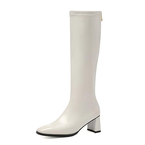 Lroey Reoly Damen Block Mitte Absatz Kniehohe Stiefel Square Toe Daily Cx867 Weiß Gr 49 EU von Lroey Reoly