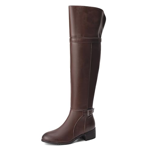 Lroey Reoly Damen Block Mitte Absatz Overknee Stiefel Runde Zehen Party Cx875 Dark-Braun Gr 45 EU von Lroey Reoly