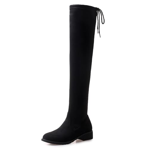 Lroey Reoly Damen Block Mitte Absatz Overknee Stiefel mit Plateau Runde Zehen Abend Cx864 Schwarz Gr 40 EU von Lroey Reoly