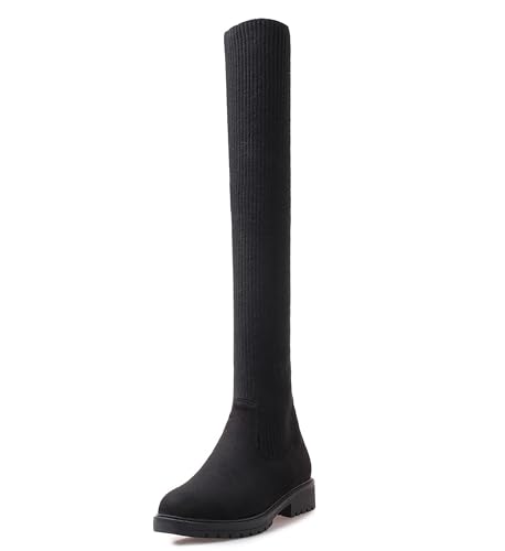 Lroey Reoly Damen Block Mitte Absatz Overknee Stiefel mit Plateau Runde Zehen Daily Cx865 Schwarz Gr 45 EU von Lroey Reoly