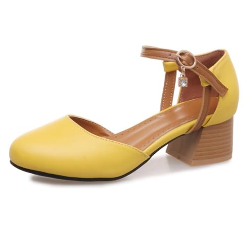 Lroey Reoly Damen Block Mitte Absatz Sandals Runde Zehen Daily Schuhe Ls1084 Gelb Gr 44 EU von Lroey Reoly