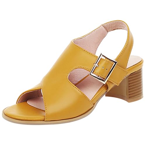 Lroey Reoly Damen Block Mitte Absatz Sandals Runde Zehen Daily Schuhe Ls1107 Gelb Gr 39 EU von Lroey Reoly
