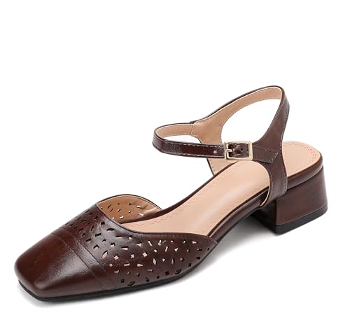Lroey Reoly Damen Block Mitte Absatz Sandals Square Toe Buro Schuhe Ls1048 Braun Gr 38 EU von Lroey Reoly