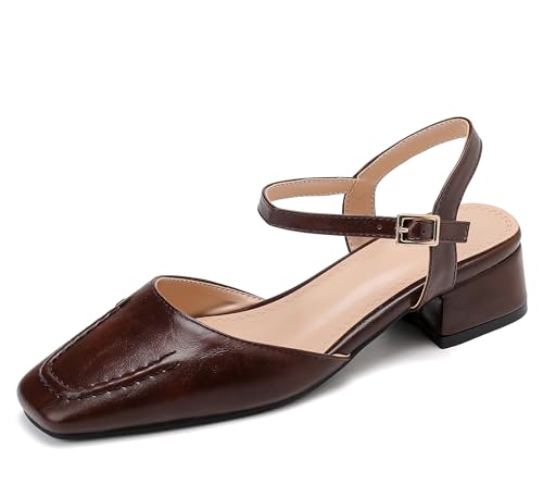 Lroey Reoly Damen Block Mitte Absatz Sandals Square Toe Buro Schuhe Ls1049 Braun Gr 37 EU von Lroey Reoly