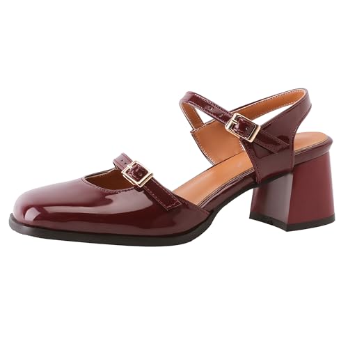 Lroey Reoly Damen Block Mitte Absatz Sandals Square Toe Buro Schuhe Ls821 Rotwein Gr 45 EU von Lroey Reoly