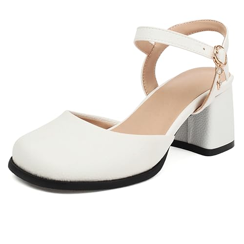 Lroey Reoly Damen Block Mitte Absatz Sandals Square Toe Buro Schuhe Ls942 Weiß Gr 42 EU von Lroey Reoly