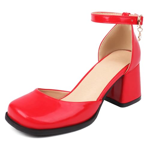 Lroey Reoly Damen Block Mitte Absatz Sandals Square Toe Daily Schuhe Ls945 Rot Gr 38 EU von Lroey Reoly