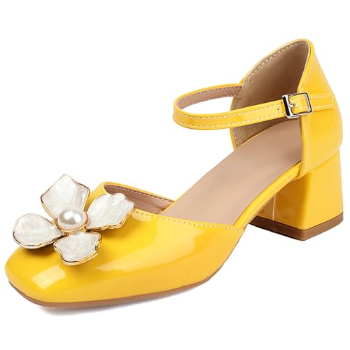 Lroey Reoly Damen Block Mitte Absatz Sandals Square Toe Kleid Sandale Ls990 Gelb Gr 38 EU von Lroey Reoly
