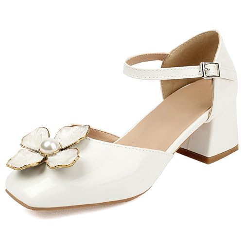 Lroey Reoly Damen Block Mitte Absatz Sandals Square Toe Kleid Sandale Ls990 Weiß Gr 38 EU von Lroey Reoly