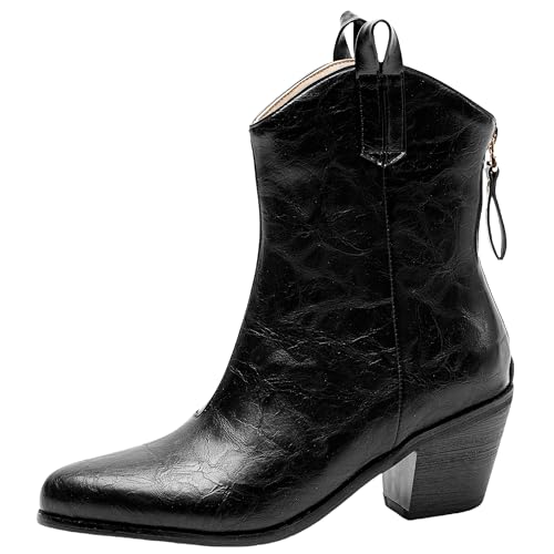Lroey Reoly Damen Block Mitte Absatz Stiefeletten Almond Toe Cowboy Dx957 Schwarz Gr 38 EU von Lroey Reoly