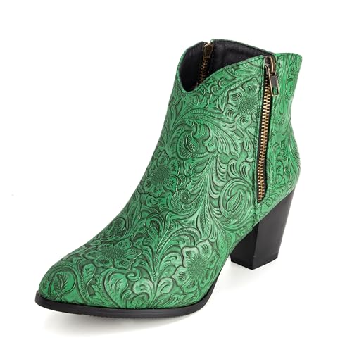 Lroey Reoly Damen Block Mitte Absatz Stiefeletten Runde Zehen Cowboy Dx921 Dark-Grün Gr 39 EU von Lroey Reoly