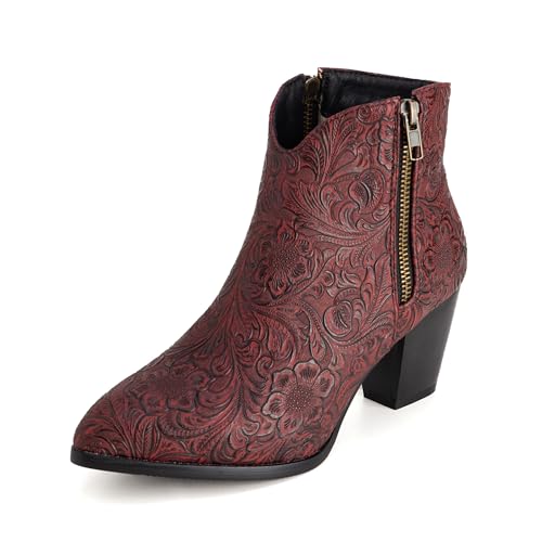 Lroey Reoly Damen Block Mitte Absatz Stiefeletten Runde Zehen Cowboy Dx921 Dark-Rot Gr 41 EU von Lroey Reoly