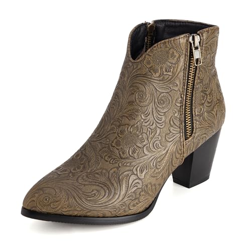 Lroey Reoly Damen Block Mitte Absatz Stiefeletten Runde Zehen Cowboy Dx921 Khaki Gr 51 EU von Lroey Reoly
