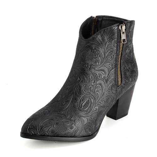 Lroey Reoly Damen Block Mitte Absatz Stiefeletten Runde Zehen Cowboy Dx921 Schwarz Gr 45 EU von Lroey Reoly