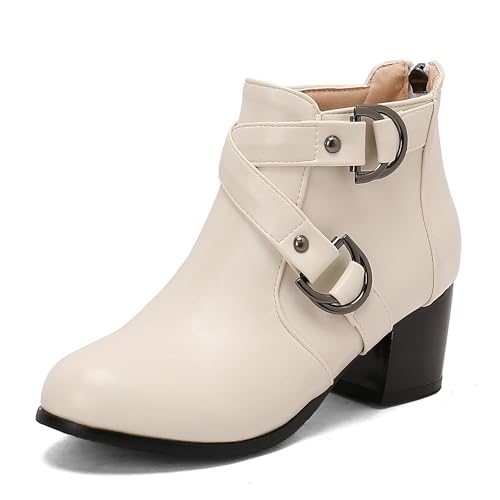 Lroey Reoly Damen Block Mitte Absatz Stiefeletten Runde Zehen Daily Dx928 Weiß Gr 42 EU von Lroey Reoly