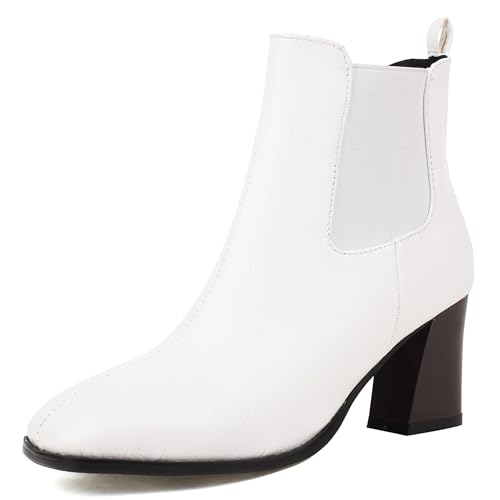 Lroey Reoly Damen Block Mitte Absatz Stiefeletten Square Toe Chelsea Dx958 Weiß Gr 51 EU von Lroey Reoly
