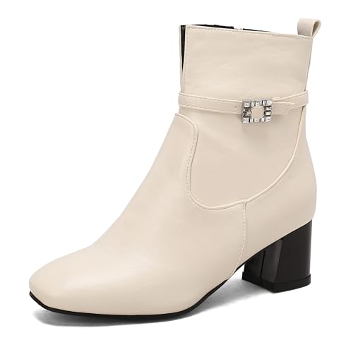 Lroey Reoly Damen Block Mitte Absatz Stiefeletten Square Toe Daily Dx964 Weiß Gr 33 EU von Lroey Reoly