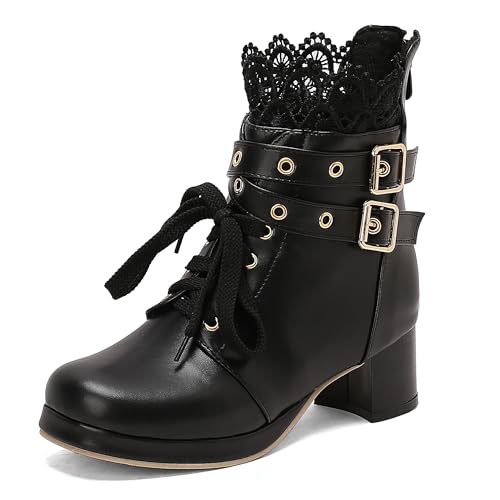 Lroey Reoly Damen Block Mitte Absatz Stiefeletten mit Plateau Square Toe Daily Dx925 Schwarz Gr 44 EU von Lroey Reoly