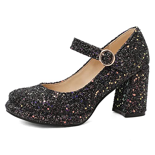 Lroey Reoly Damen Blockieren Ferse Mary Jane Schuhe, Höhe Ferse Pumpe Runde Zehen Schnalle Abendschuhe mit Plateau Pailletten Mode Dancing Boots Iirxmf Schwarz Gr 41 EU von Lroey Reoly
