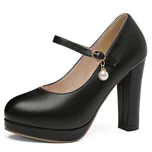 Lroey Reoly Damen Blockieren Ferse Mary Jane Schuhe, Höhe Ferse Pumpe Runde Zehen Schnalle Abendschuhe mit Plateau Simple Jjppca Schwarz Gr 41 EU von Lroey Reoly