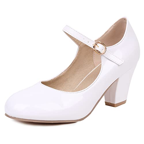 Lroey Reoly Damen Blockieren Ferse Mary Jane Schuhe, Höhe Ferse Pumpe Runde Zehen Schnalle Party Schuhe Mode Jflrhd Weiß Gr 46 EU von Lroey Reoly