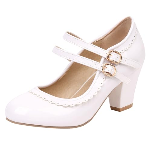 Lroey Reoly Damen Blockieren Ferse Mary Jane Schuhe, Höhe Ferse Pumpe Runde Zehen Schnalle Party Schuhe Zweifarbig Mode Dgwhef Weiß Gr 46 EU von Lroey Reoly