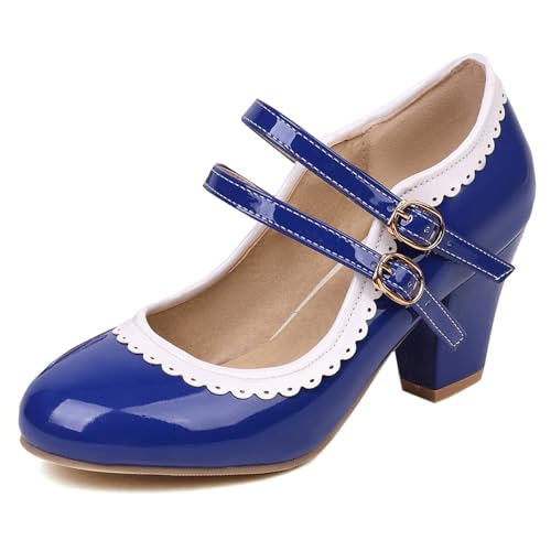 Lroey Reoly Damen Blockieren Ferse Mary Jane Schuhe, Höhe Ferse Pumpe Runde Zehen Schnalle Party Schuhe Zweifarbig Mode Hypphg Sapphire-Blau Gr 33 EU von Lroey Reoly