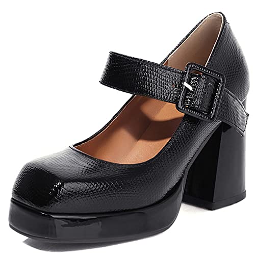 Lroey Reoly Damen Blockieren Ferse Mary Jane Schuhe, Höhe Ferse Pumpe Square Toe Schnalle Party Schuhe mit Plateau Mode Ewrpoc Schwarz Gr 35 EU von Lroey Reoly