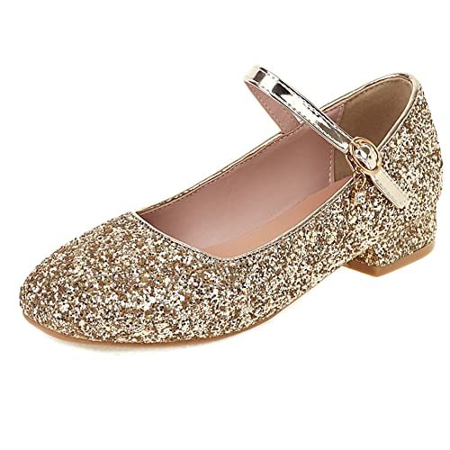 Lroey Reoly Damen Blockieren Ferse Mary Jane Schuhe, Niedrige Fersenpumpe Runde Zehen Schnalle Dancing Boots Pailletten Komfort Pdjdyg Gold Gr 42 EU von Lroey Reoly