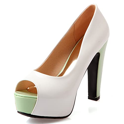 Lroey Reoly Damen Blockieren Fersenpumps, Höhe Ferse Pumpe Peep Toe Ohne Verschluss Party Schuhe mit Plateau Zweifarbig Mode Srbfom Weiß Gr 41 EU von Lroey Reoly