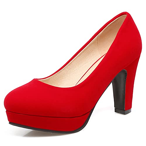 Lroey Reoly Damen Blockieren Fersenpumps, Höhe Ferse Pumpe Runde Zehen Ohne Verschluss Abendschuhe mit Plateau Mode Solid Schuhe Xrtjmc Rot Gr 43 EU von Lroey Reoly
