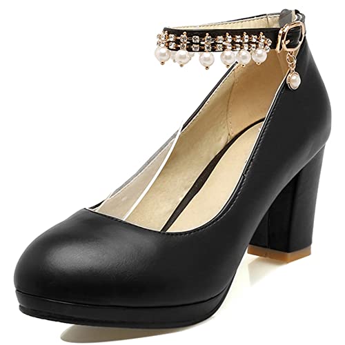 Lroey Reoly Damen Blockieren Fersenpumps, Höhe Ferse Pumpe Runde Zehen Schnalle Abendschuhe mit Plateau Knöchelriemchen Beaded Elegant Solid Schuhe Qoffny Schwarz Gr 48 EU von Lroey Reoly