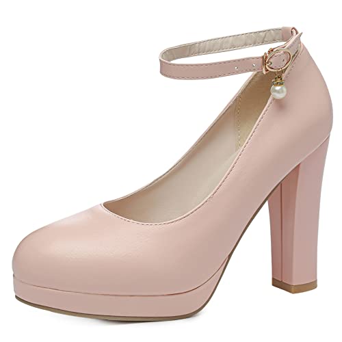 Lroey Reoly Damen Blockieren Fersenpumps, Höhe Ferse Pumpe Runde Zehen Schnalle Abendschuhe mit Plateau Knöchelriemchen Simple Dqlvsh Pink Gr 43 EU von Lroey Reoly