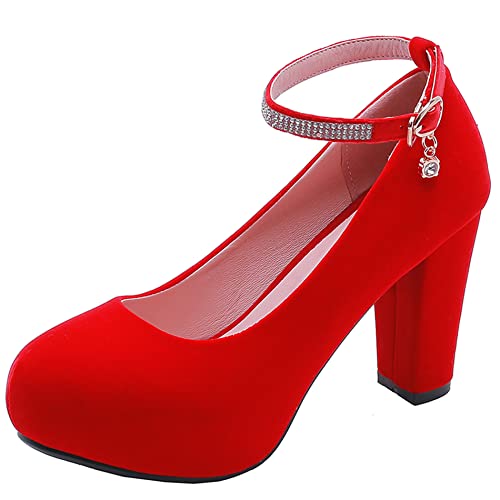 Damen Blockieren Fersenpumps, Höhe Ferse Pumpe Runde Zehen Schnalle Party Schuhe mit Plateau Knöchelriemchen Elegant Cvsmjm Rot Gr 37 EU von Lroey Reoly