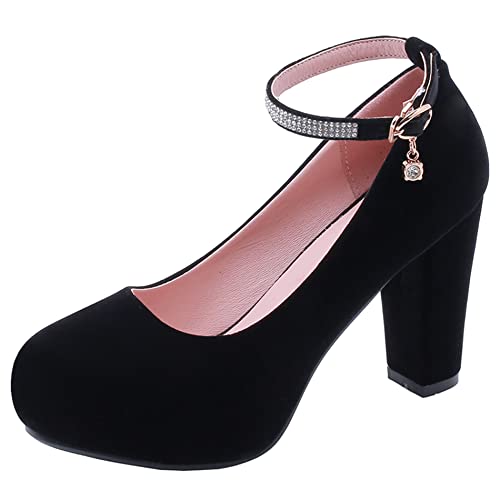Lroey Reoly Damen Blockieren Fersenpumps, Höhe Ferse Pumpe Runde Zehen Schnalle Party Schuhe mit Plateau Knöchelriemchen Elegant Najvew Schwarz Gr 37 EU von Lroey Reoly
