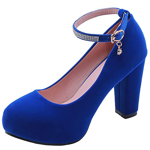 Lroey Reoly Damen Blockieren Fersenpumps, Höhe Ferse Pumpe Runde Zehen Schnalle Party Schuhe mit Plateau Knöchelriemchen Elegant Yntqej Blau Gr 38 EU von Lroey Reoly
