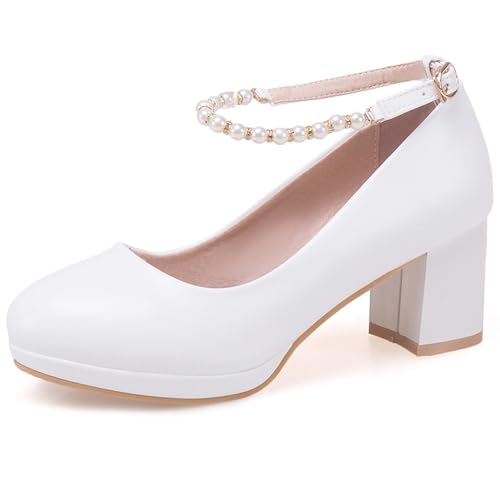 Lroey Reoly Damen Blockieren Fersenpumps, Mittlere Fersenpumpe Runde Zehen Schnalle Abendschuhe mit Plateau Knöchelriemchen Beaded Elegant Jcxrxx Weiß Gr 43 EU von Lroey Reoly