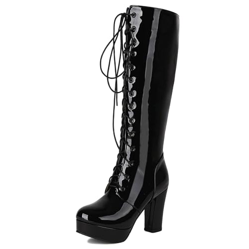 Lroey Reoly Damen Chunky Heel Kniehohe Stiefel, Partystiefel Runde Zehen Höhe Ferse Overknees Stiefel Zip mit Plateau, V10585Xx Schwarz Gr 47 EU von Lroey Reoly