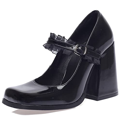 Lroey Reoly Damen Chunky Heel Mary Jane Schuhe, Höhe Ferse Pumpe Square Toe Schnalle Party Schuhe Mode Mtbipb Schwarz Gr 40 EU von Lroey Reoly