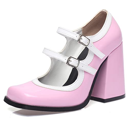 Lroey Reoly Damen Chunky Heel Mary Jane Schuhe, Höhe Ferse Pumpe Square Toe Schnalle Party Schuhe Retro Ylnktt Pink Gr 46 EU von Lroey Reoly