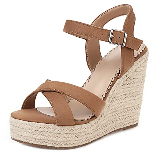 Lroey Reoly Damen Espadrille mit Absatz, Sandalen Offene Zeh Elegant Keilabsatz Abendschuhe mit Plateau Schnalle Knöchelriemchen 197 Camel Gr 35 EU von Lroey Reoly