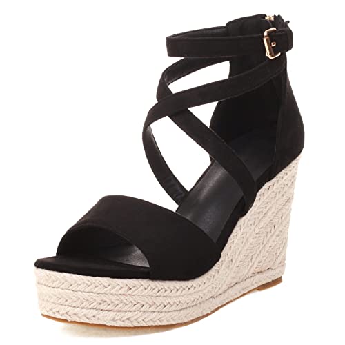 Lroey Reoly Damen Espadrille mit Absatz, Sandalen Offene Zeh Elegant Keilabsatz Abendschuhe mit Plateau Schnalle Knöchelriemchen 201 Schwarz Gr 35 EU von Lroey Reoly