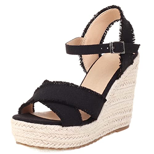 Lroey Reoly Damen Espadrille mit Absatz, Sandalen Offene Zeh Elegant Keilabsatz Abendschuhe mit Plateau Schnalle Knöchelriemchen Bogen 200 Schwarz Gr 34 EU von Lroey Reoly